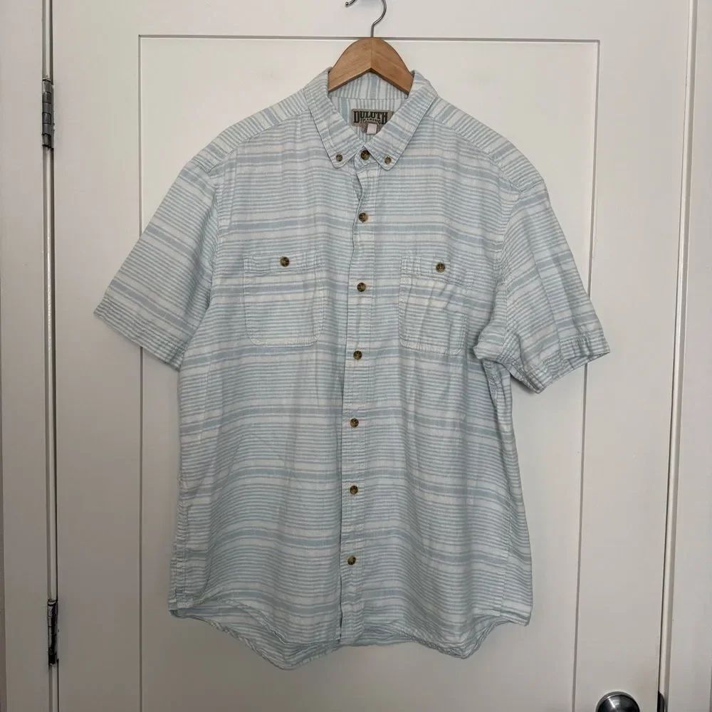 Duluth Trading Shirt Mens Sz XL Relaxed Fit Blue Stripe Short Sleeve Hemp Cotton